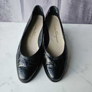 Salvatore Ferragamo BoutiqueBlack Wedge Croc Reptile Heels Size 6.5